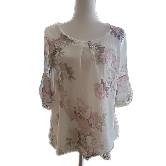 VTG Womens Silk Top S Pastel Pink Floral Bell Sleeve Lined Fairy Soft Cottage - Picture 5 of 12